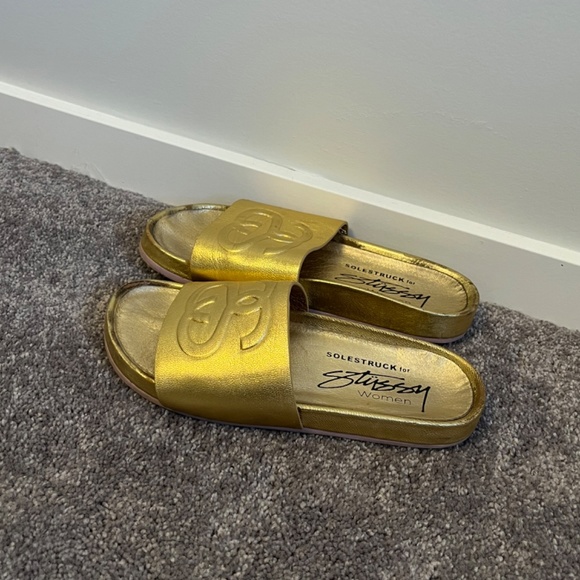 Stussy Solestruck SS Link Slide Sandals Gold 100% Leather - Picture 4 of 4